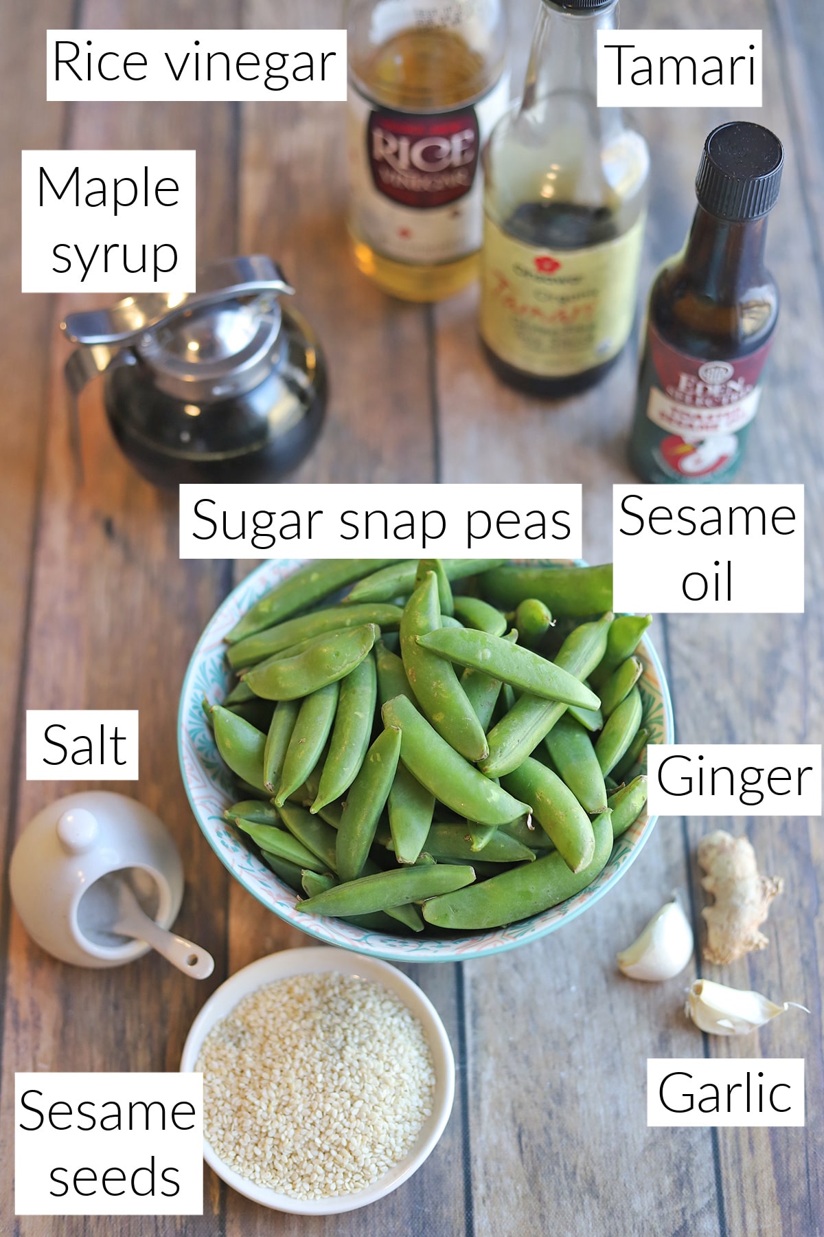 Labeled ingredients for sugar snap peas stir fry.