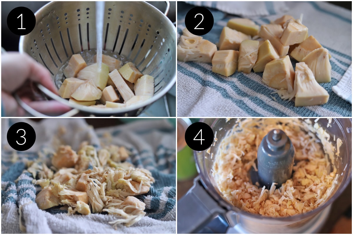 Collage showing how to rinse, dry, and shred jackfruit in a food processor.