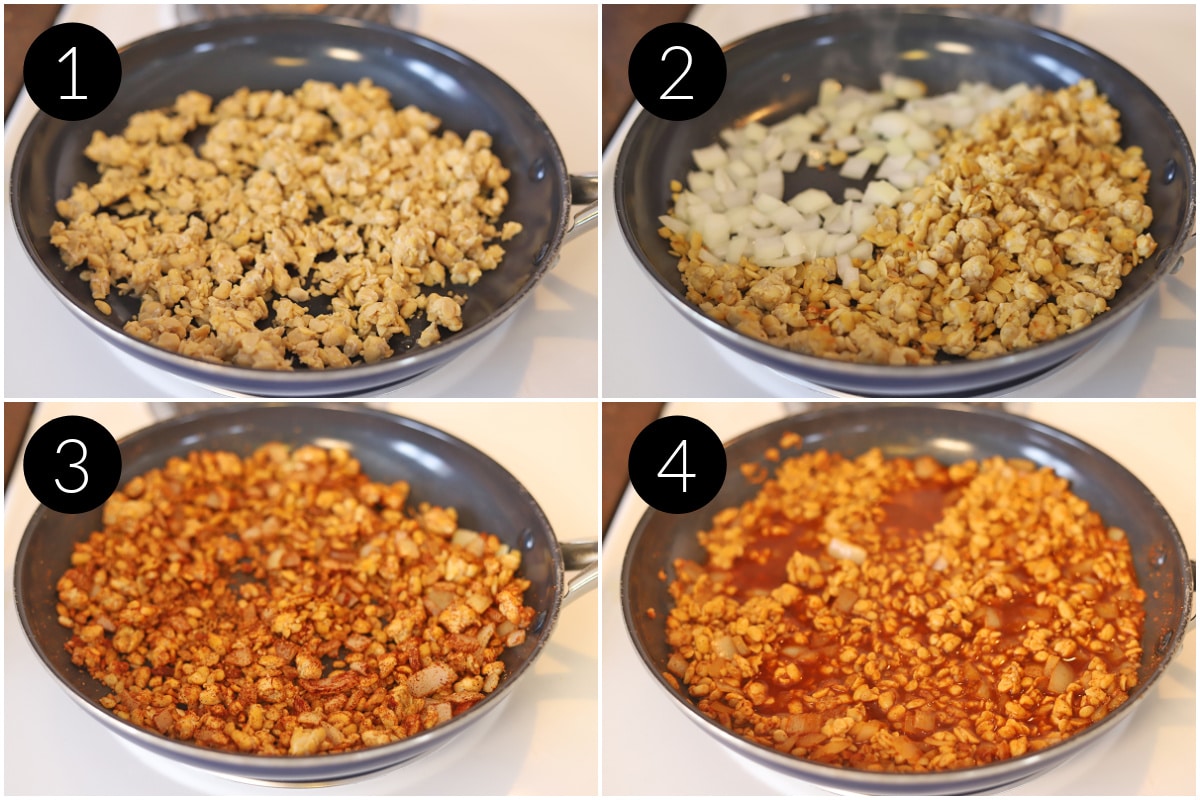 Four panels showing how to make tempeh taco meat in skillet.