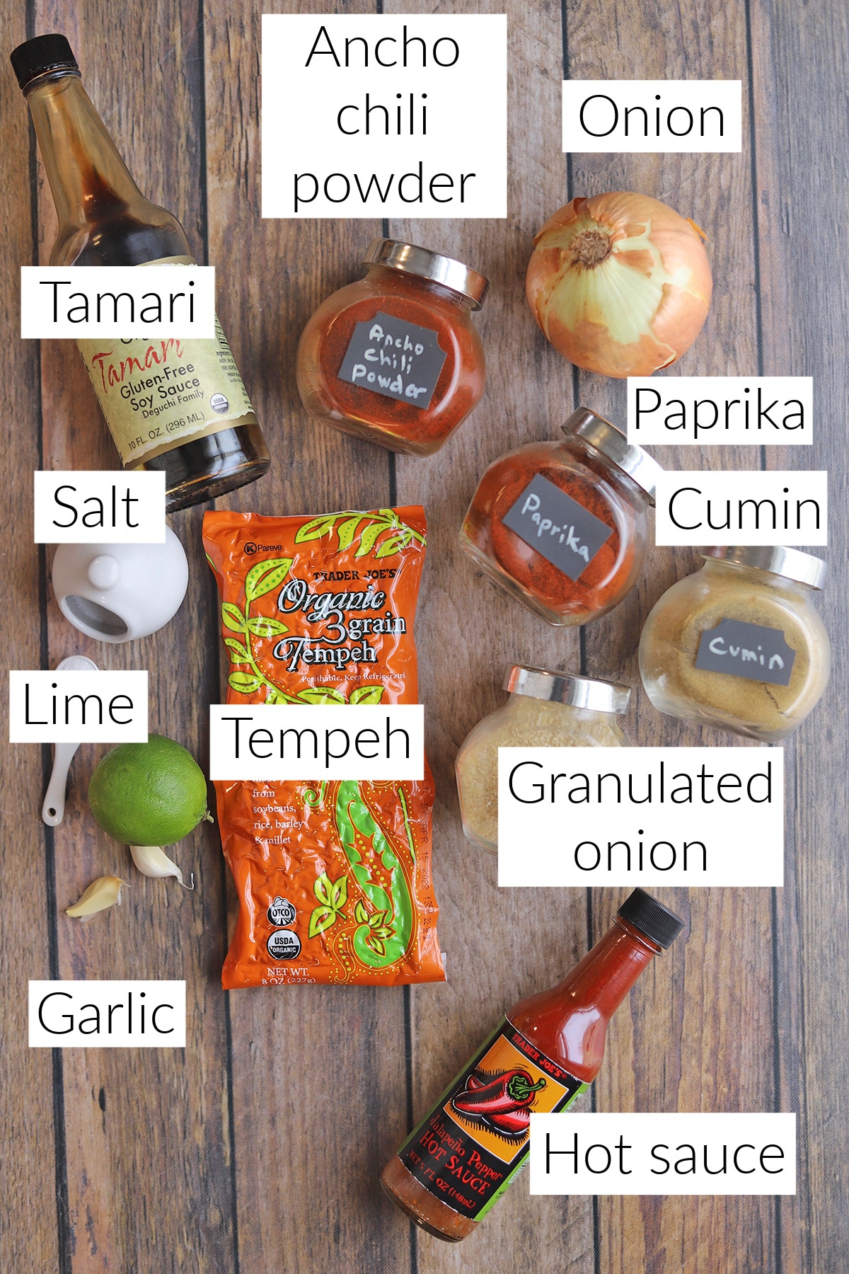 Labeled tempeh taco ingredients.