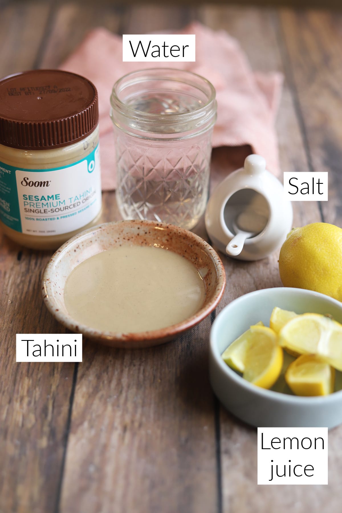 Labeled ingredients for tahini dressing.