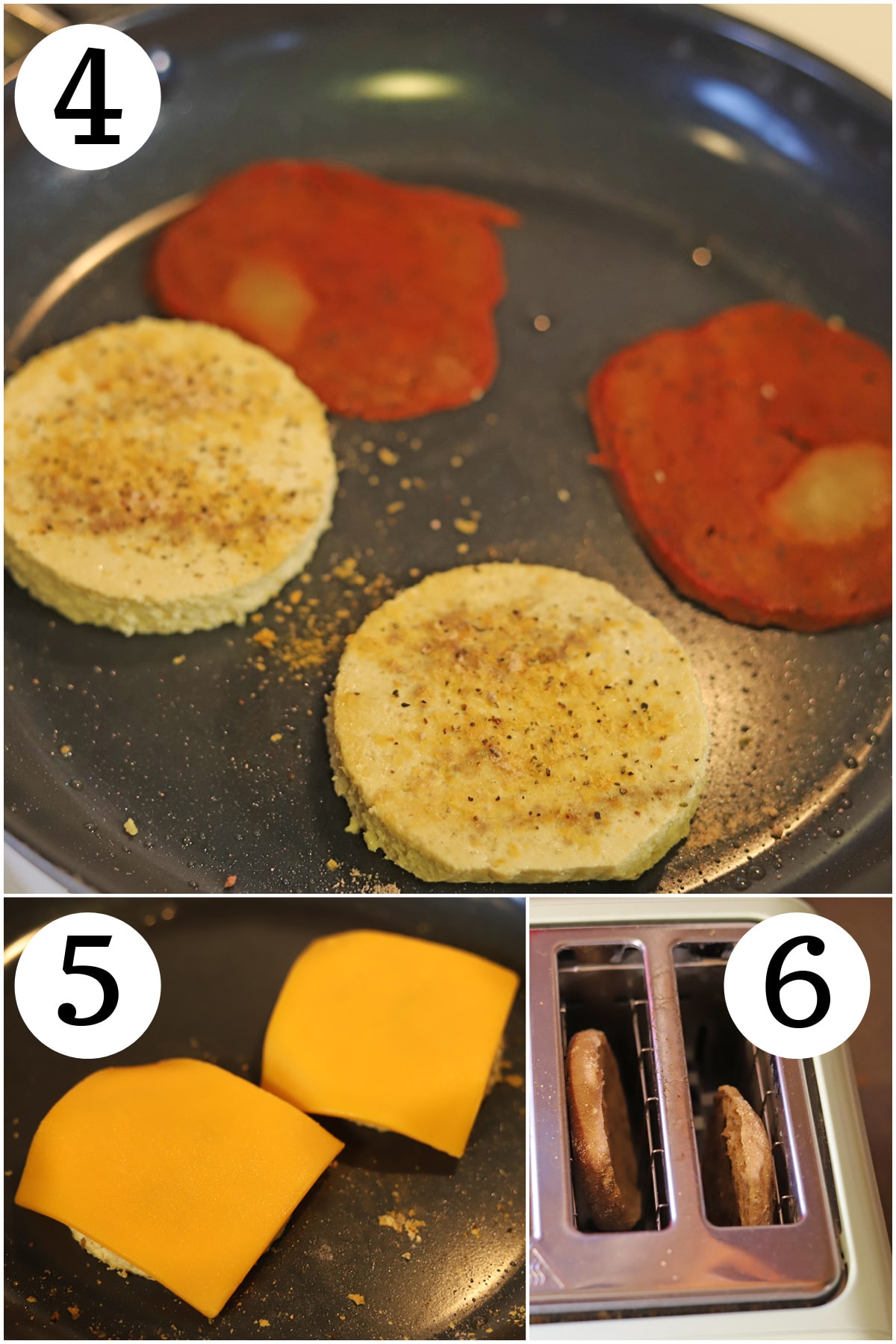 Numbered collage showing how to cook vegan egg mcmuffin.