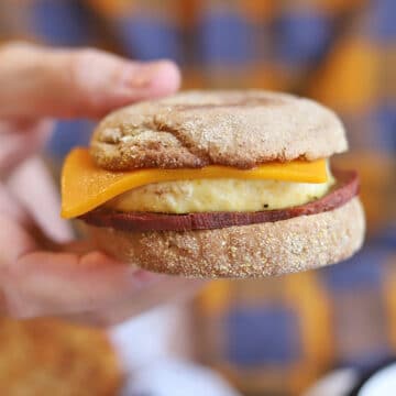 Hand holding breakfast sandwich with eggy tofu, seitan ham, and non-dairy cheddar.