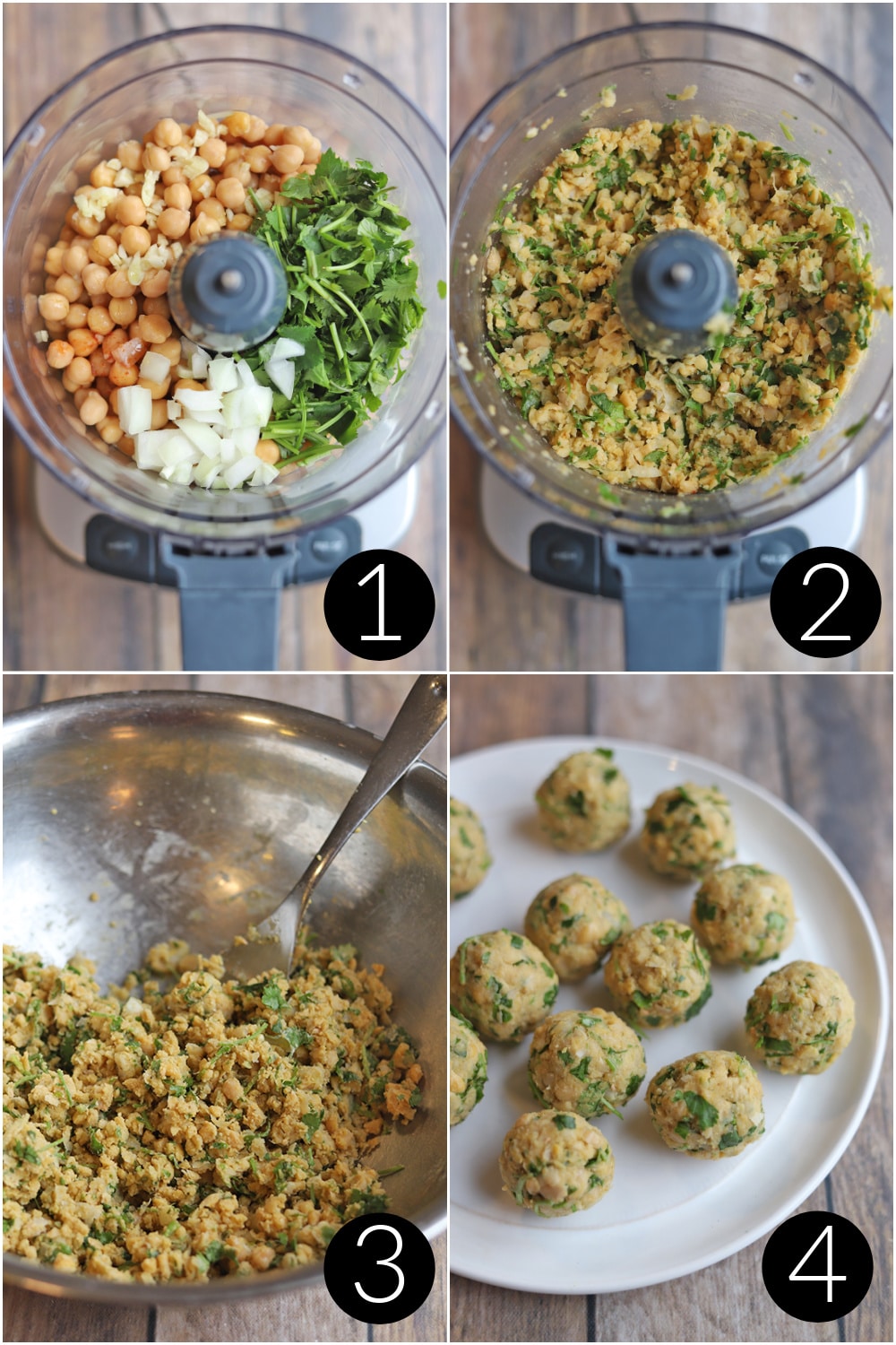 Collage showing how to make falafel mixture in food processor & form into balls.