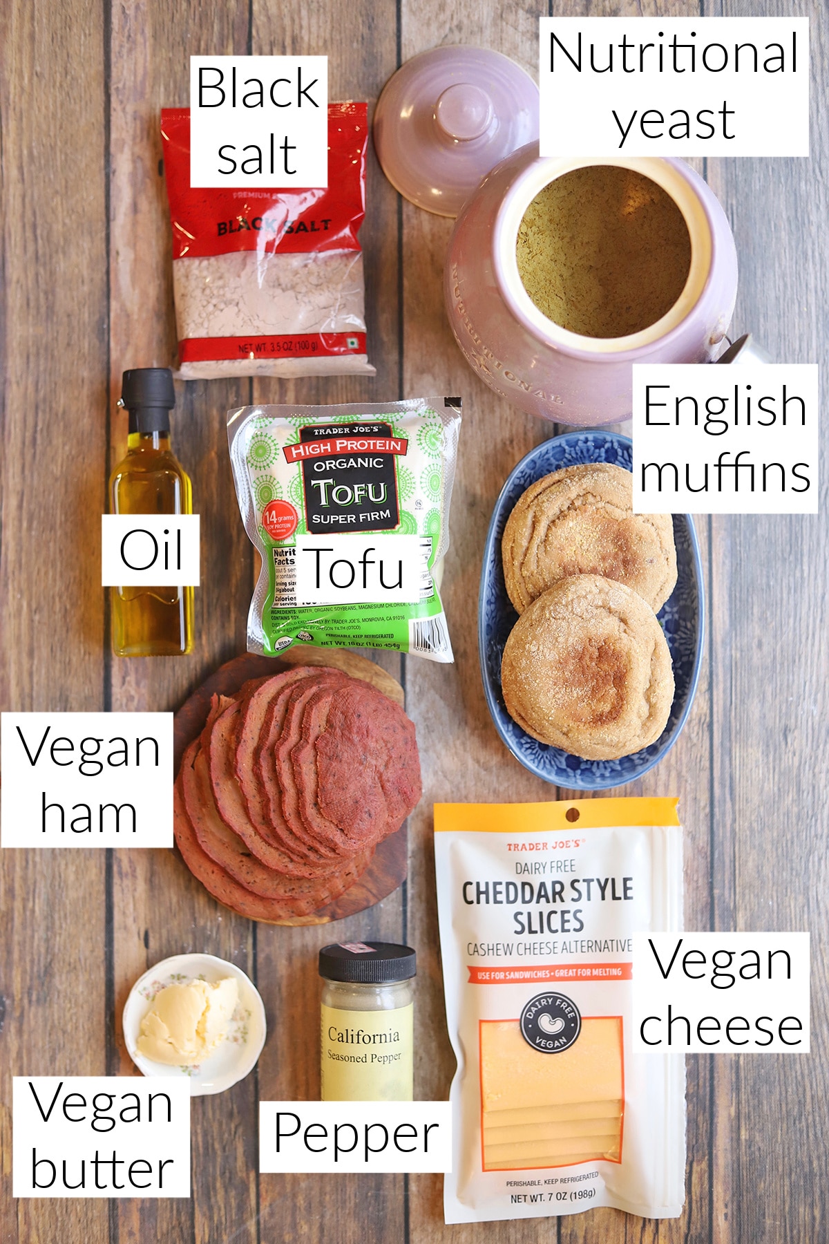 Labeled vegan egg mcmuffin ingredients.