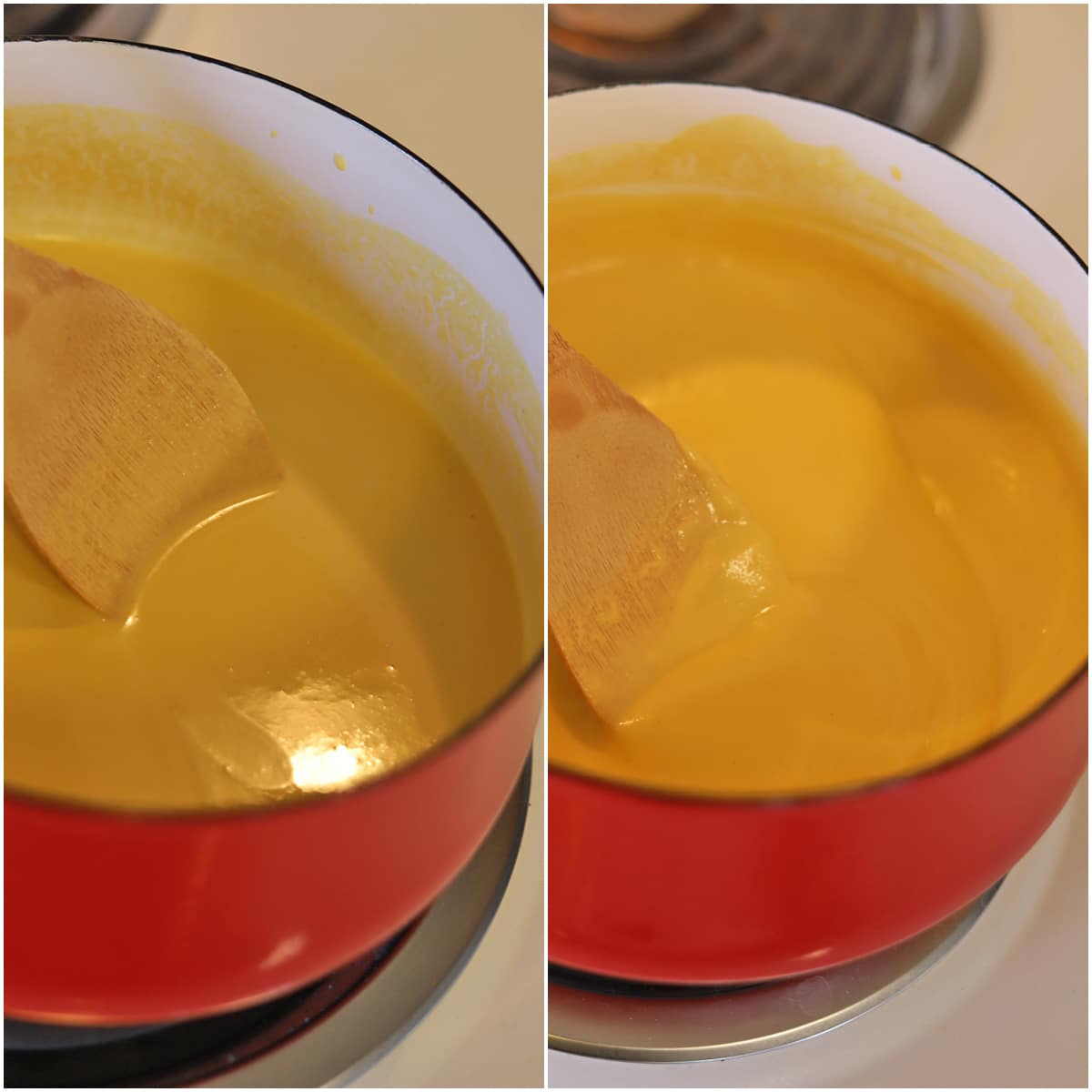 Side by side pictures showing how to thicken vegan hollandaise.