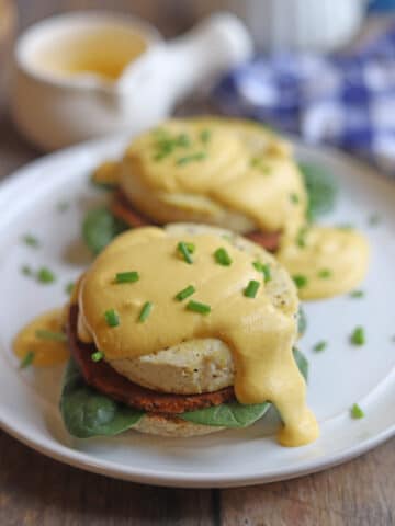 Vegan eggs benedict topped with cashew hollandaise.