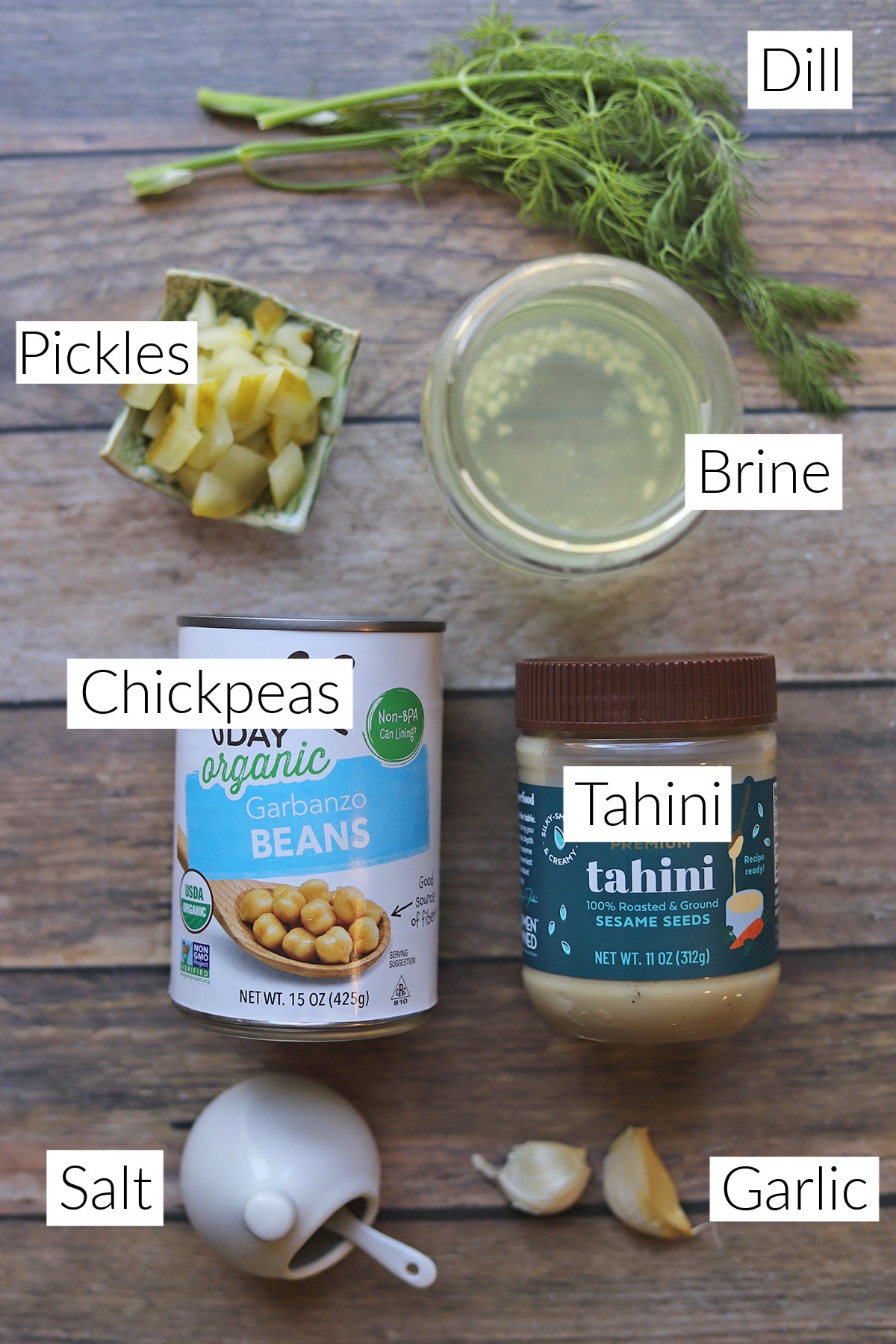 Labeled ingredients for dill pickle hummus.