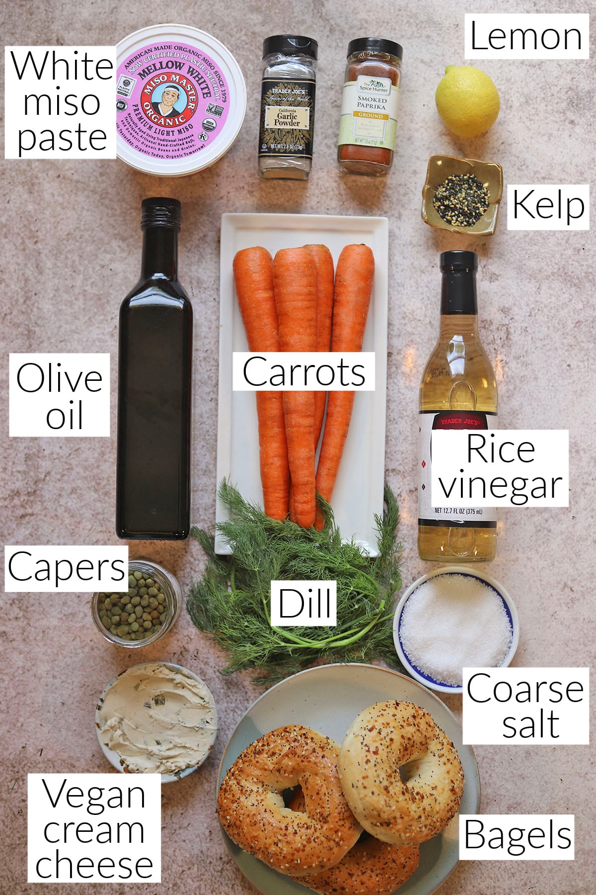 Labeled ingredients for carrot lox.