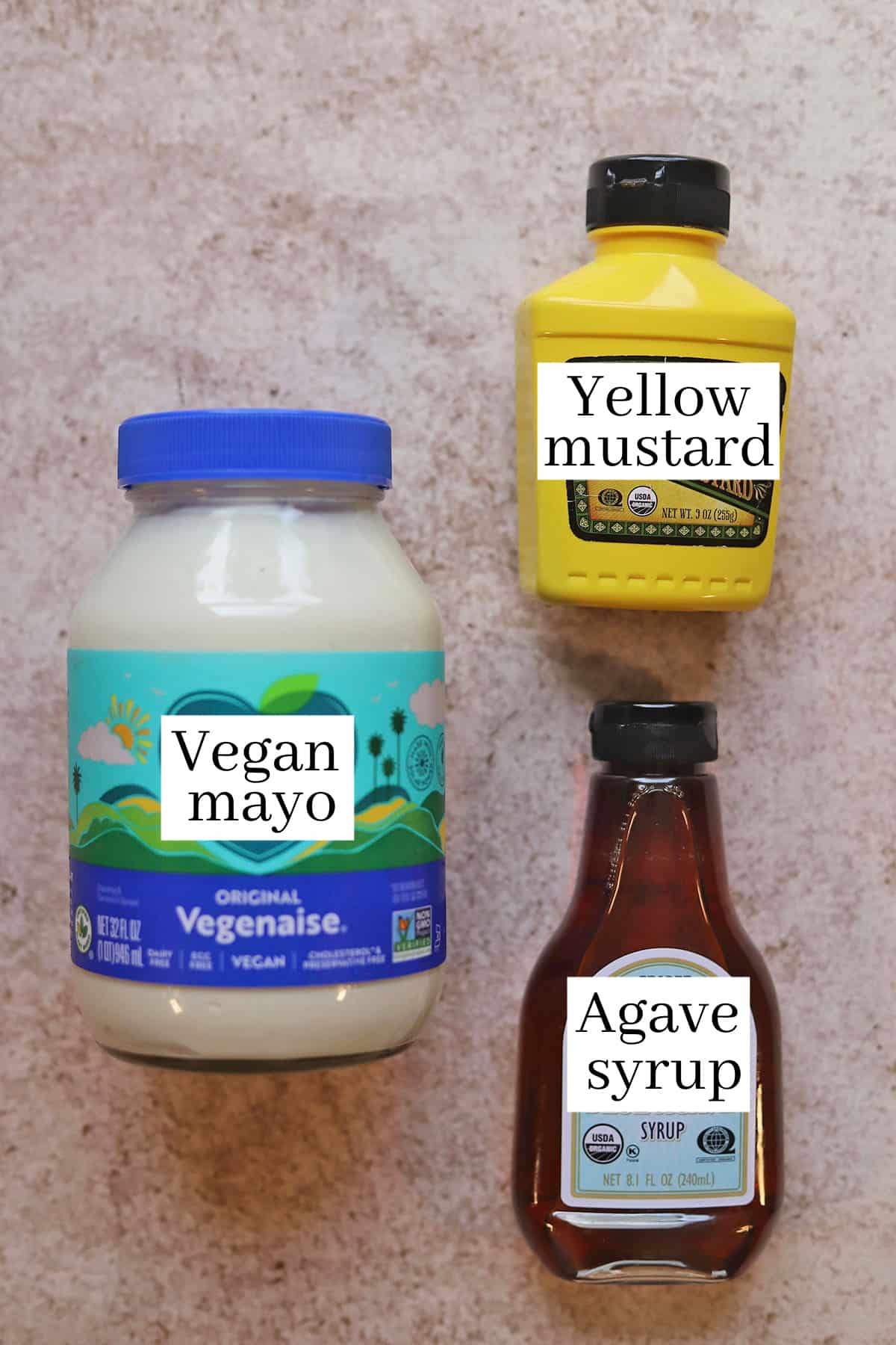 Labeled ingredients for vegan honey mustard.