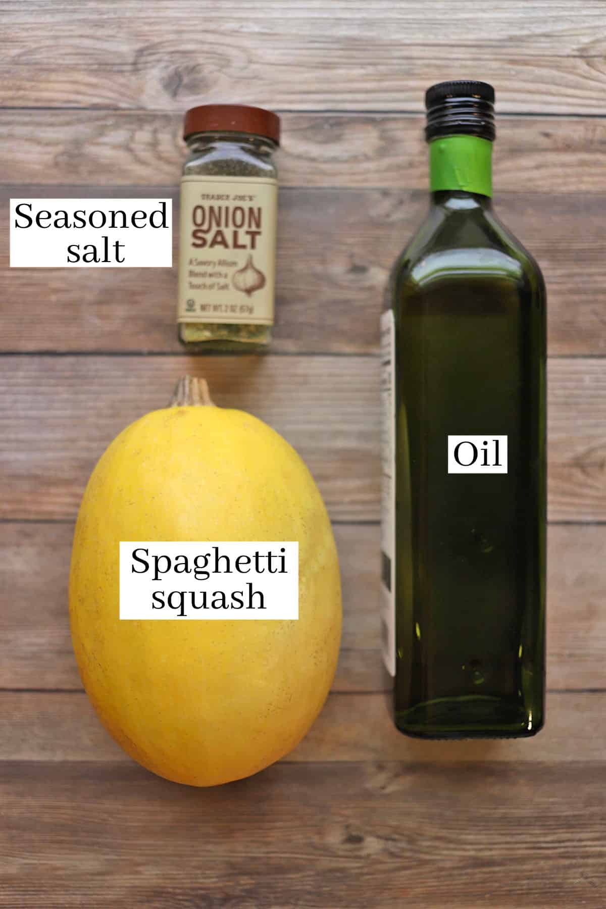 Labeled ingredients for air fryer spaghetti squash.