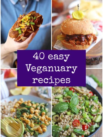 Text overlay: 40 easy Veganuary recipes. Collage with vegan chili dog, BBQ jackfruit sandwich, scrambled chickpeas, and couscous salad.