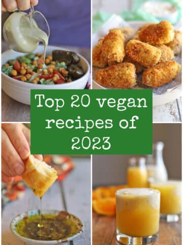 Text overlay: Top 20 vegan recipes of 2023. Collage with salad, fried artichoke hearts, dipping oil, and orange cocktail.