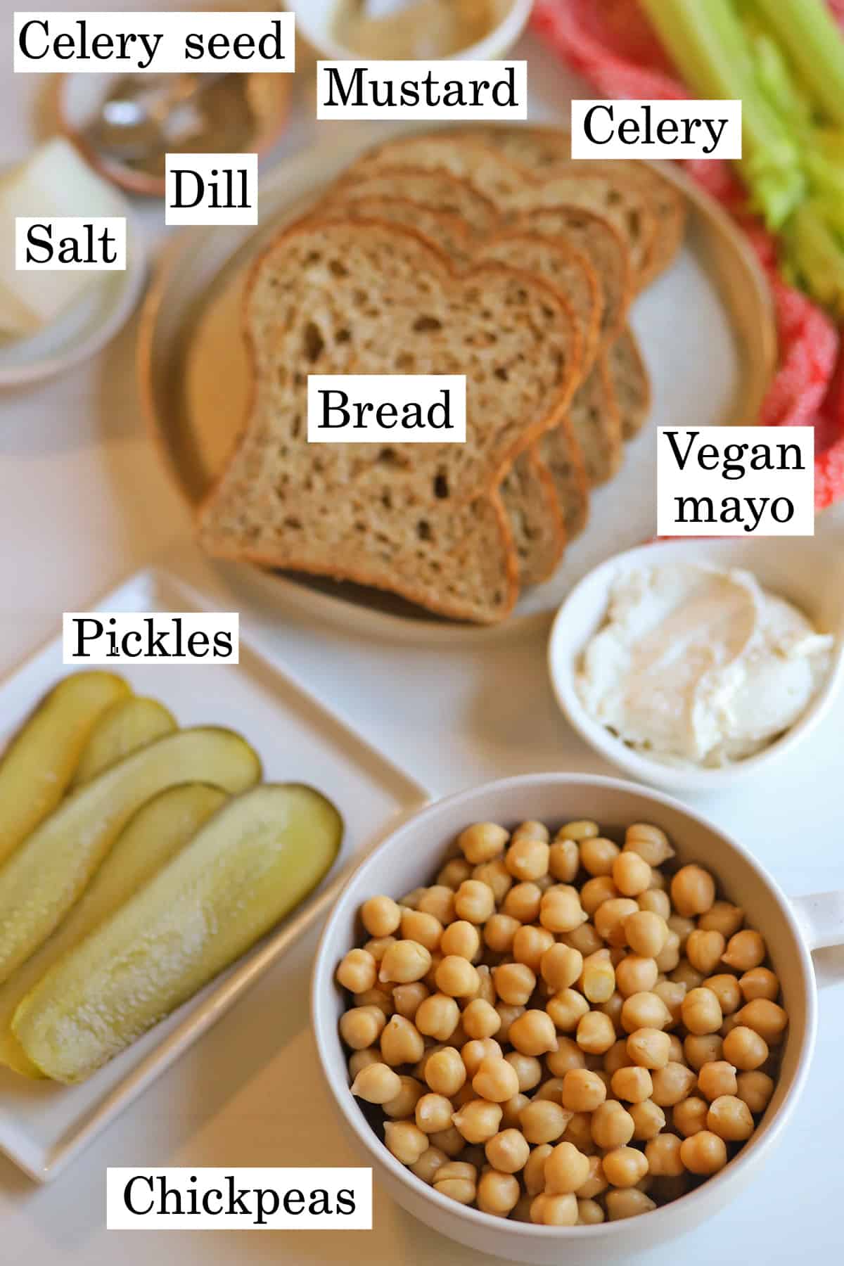 Labeled ingredients for vegan chickpea tuna salad.