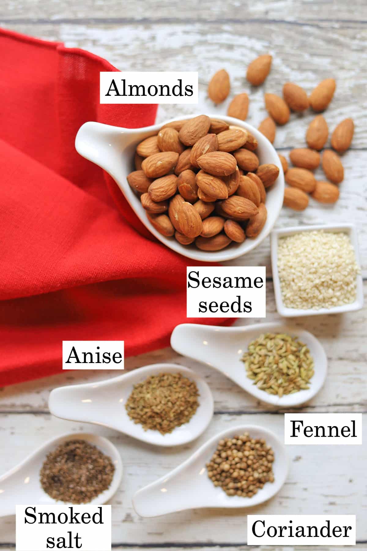 Labeled ingredients for dukkah.