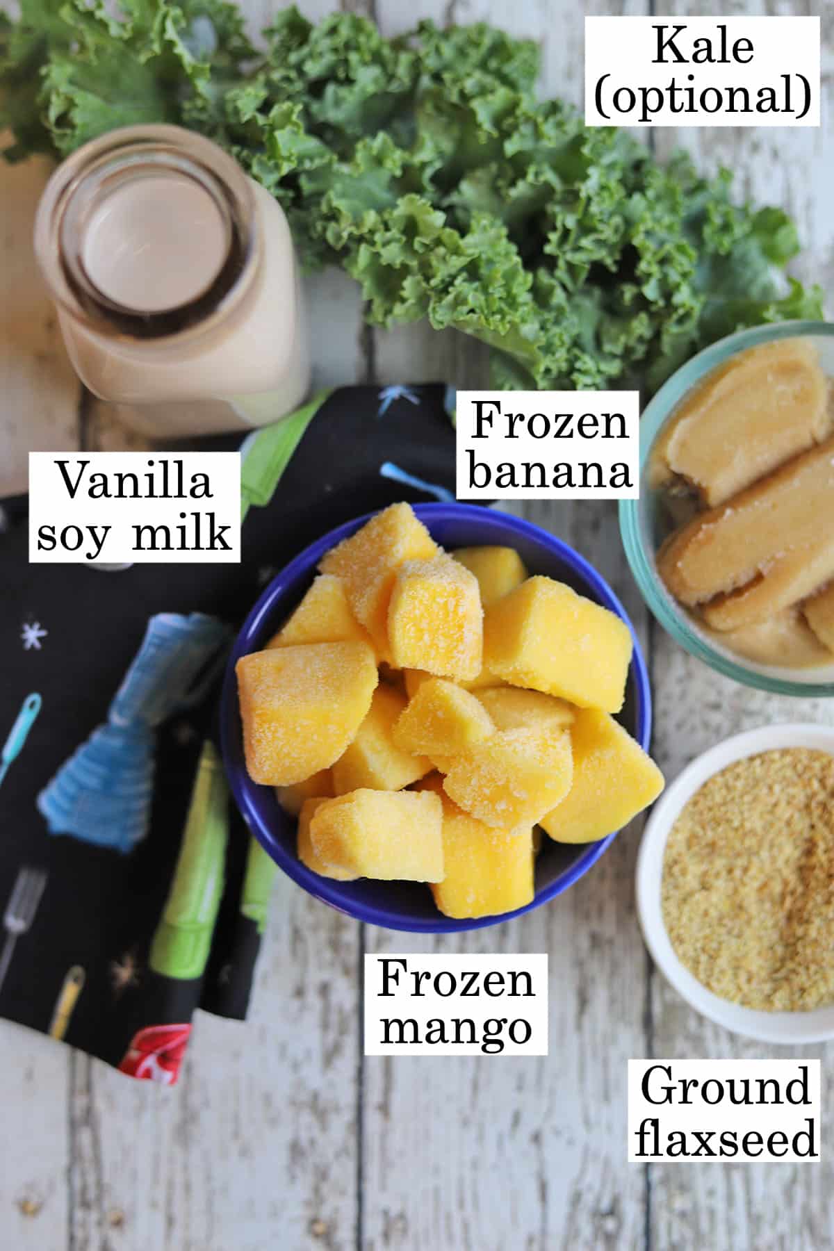 Labeled ingredients for vegan mango smoothie.