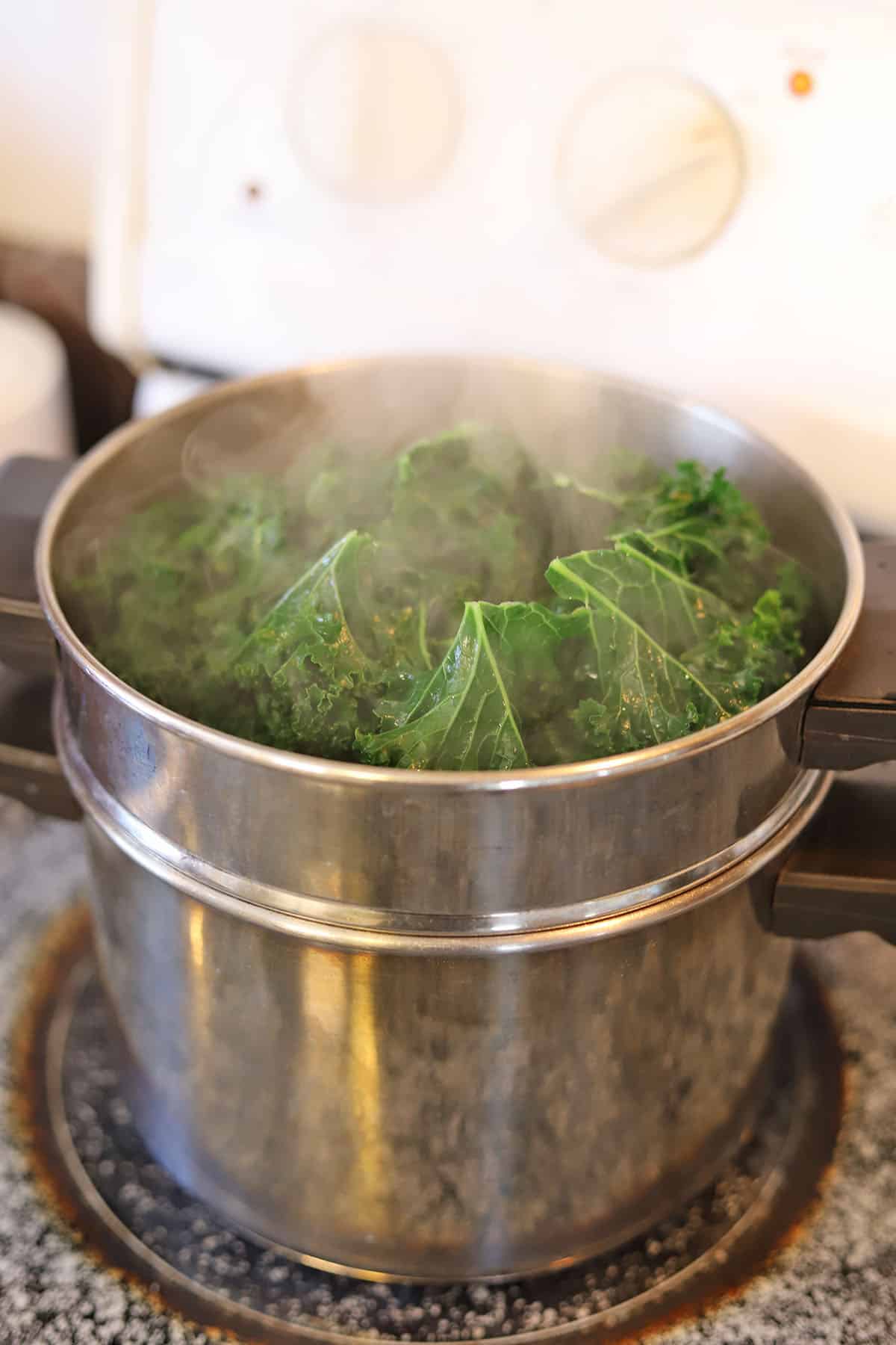 Softened curly kale in steamer pot.