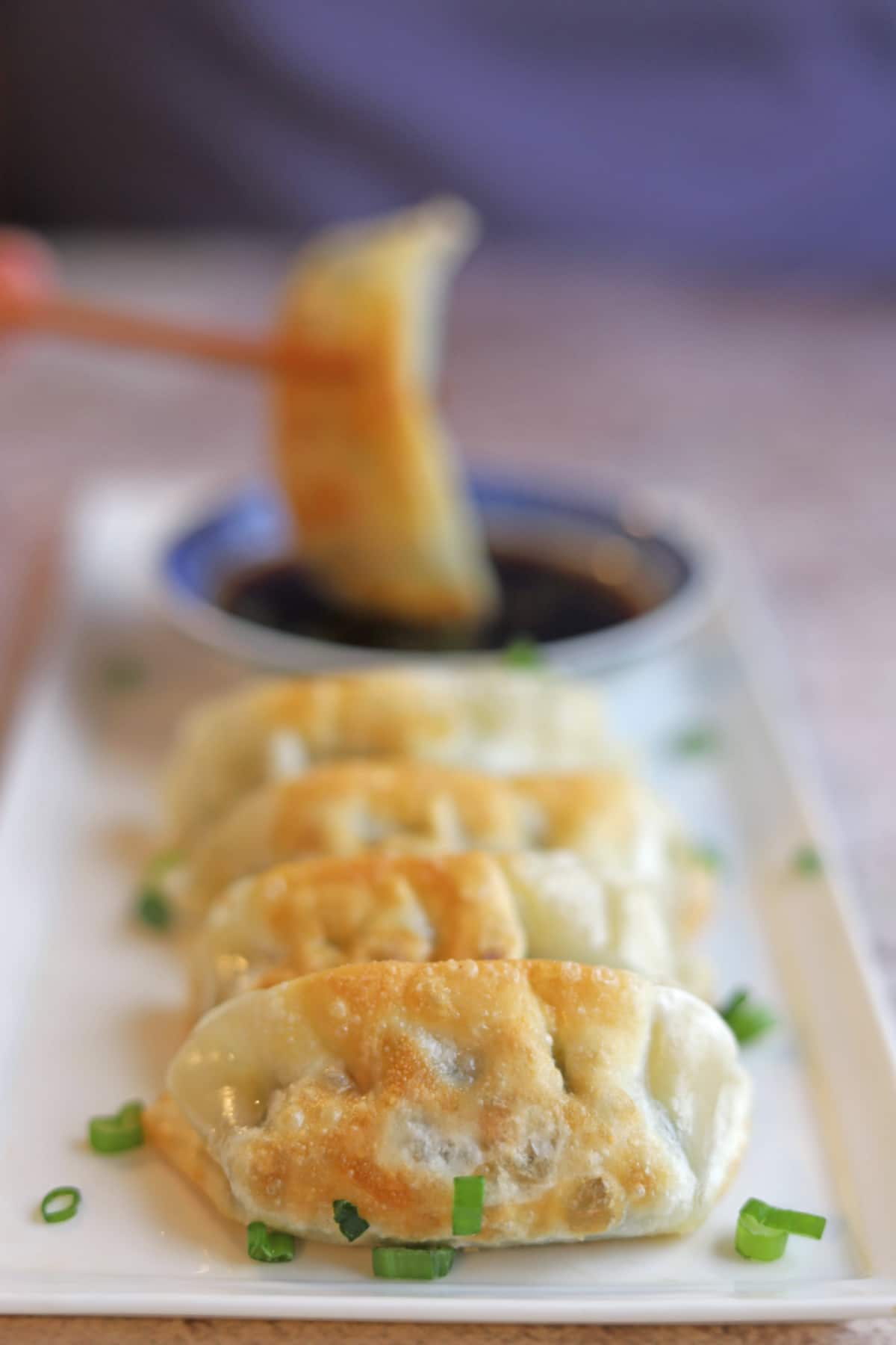 Potstickers on plate with dumpling dip in background.