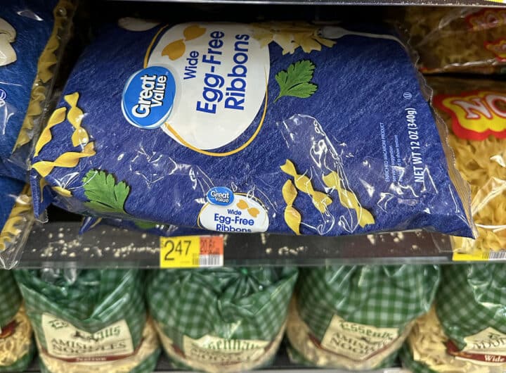 Walmart egg-free ribbons on store shelf.