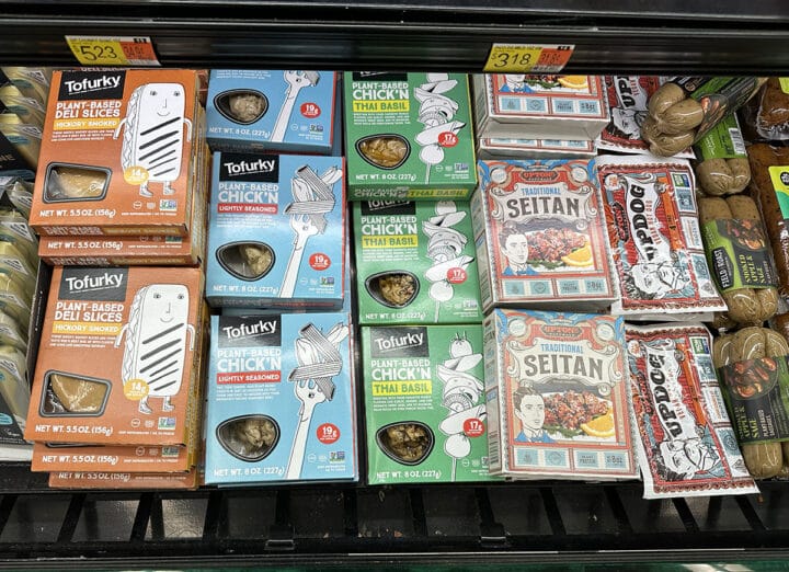 Store refrigerator with Tofurky and Upton's Naturals products.
