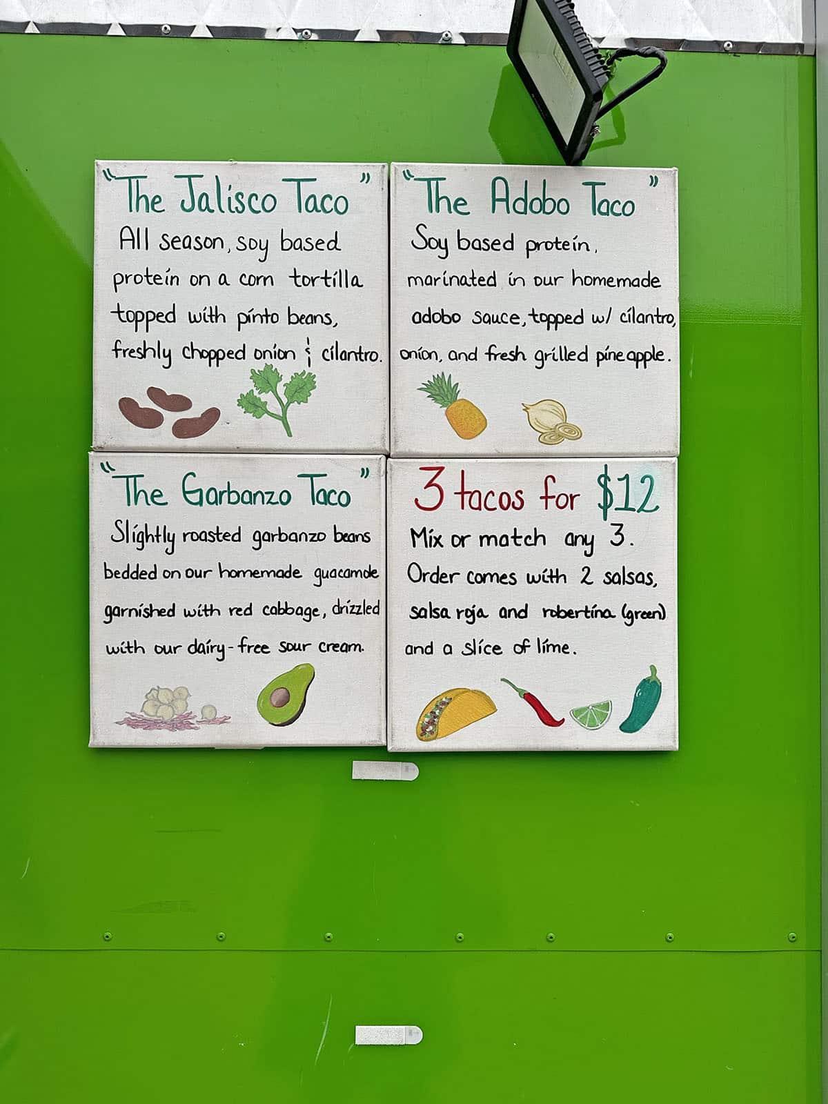 Taco menu on Cocina Verde taco truck.
