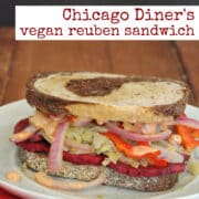 Text overlay: Chicago Diner's vegan reuben sandwich. Vegan on rye with seitan, sauerkraut, peppers, and onions.