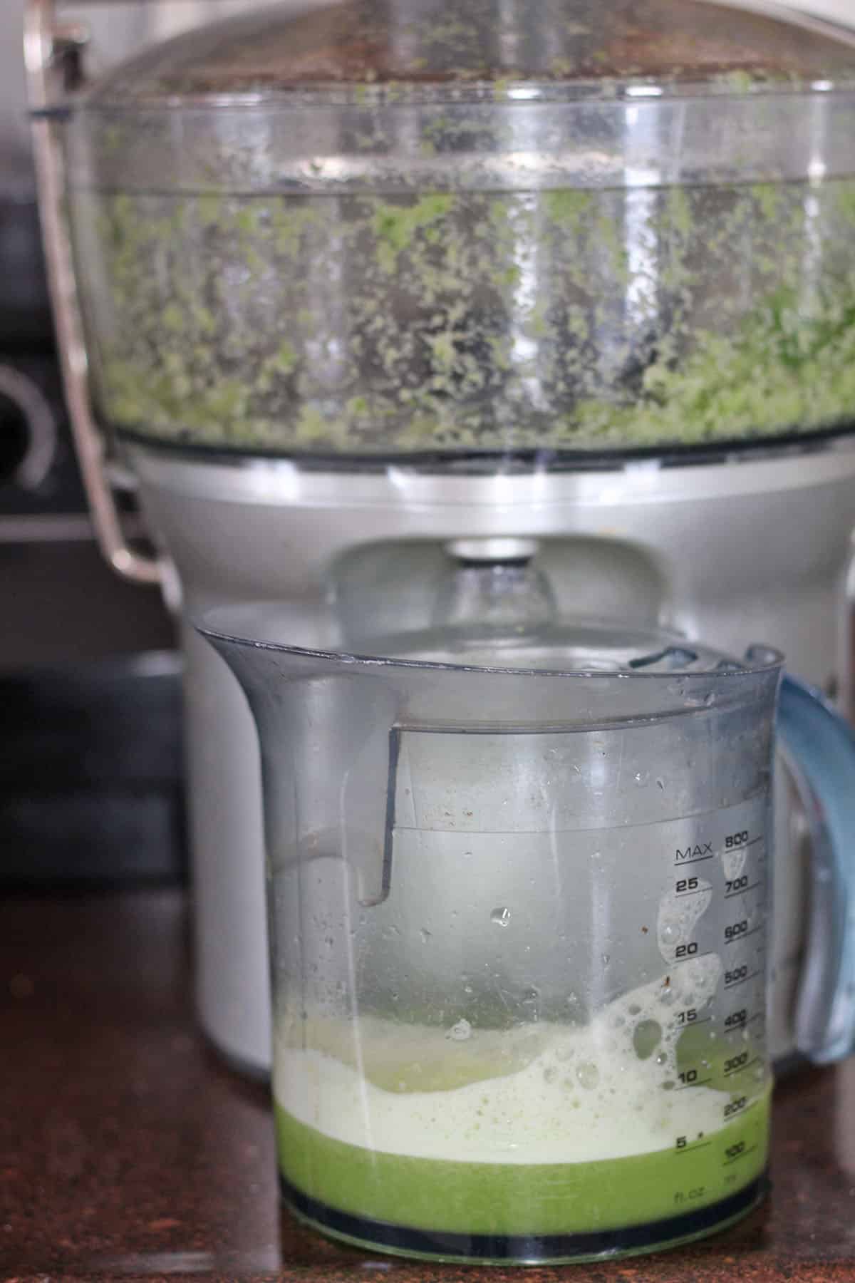 Breville juicer with cucumber celery apple juice in pitcher.