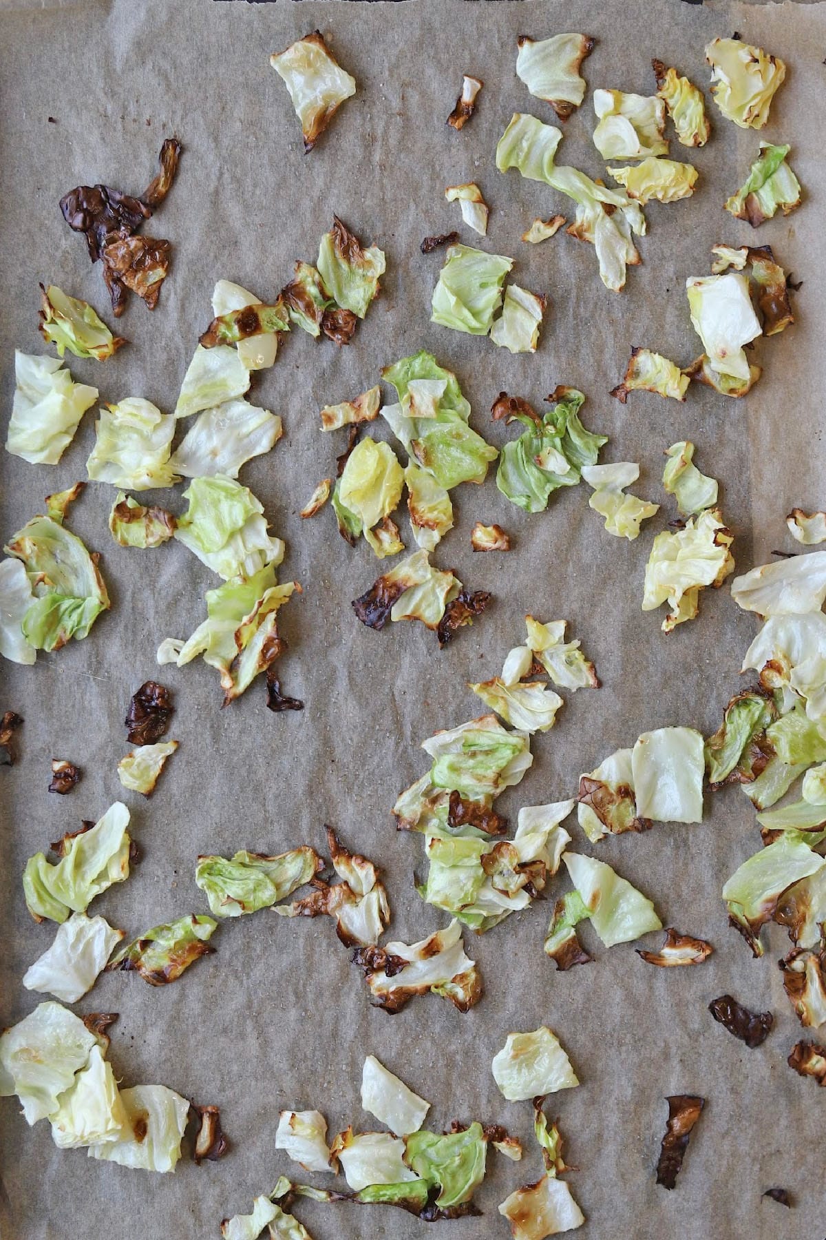 Roasted cabbage pieces on parchment paper lined baking sheet.
