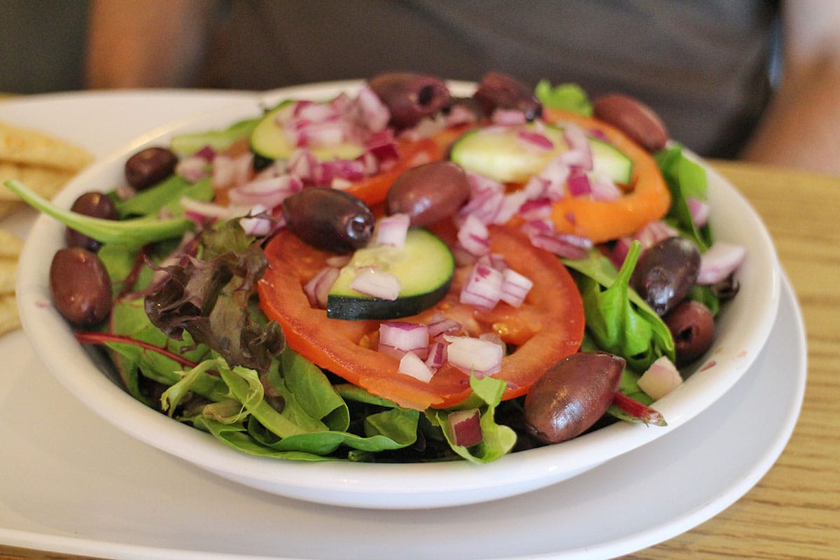 Salad with cucumbers and kalamata olives.
