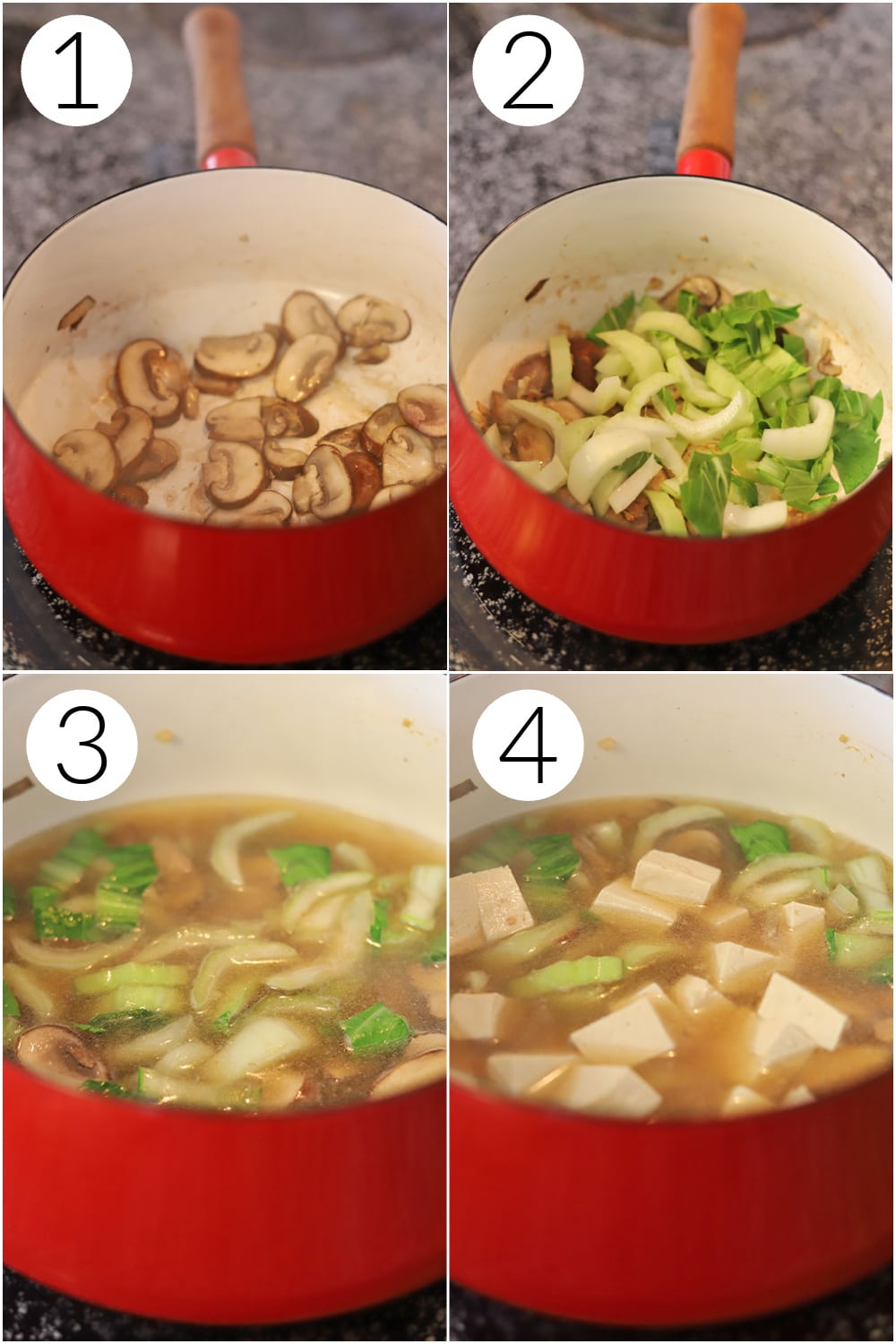 4-panel collage showing how to make miso soup with mushrooms and tofu.