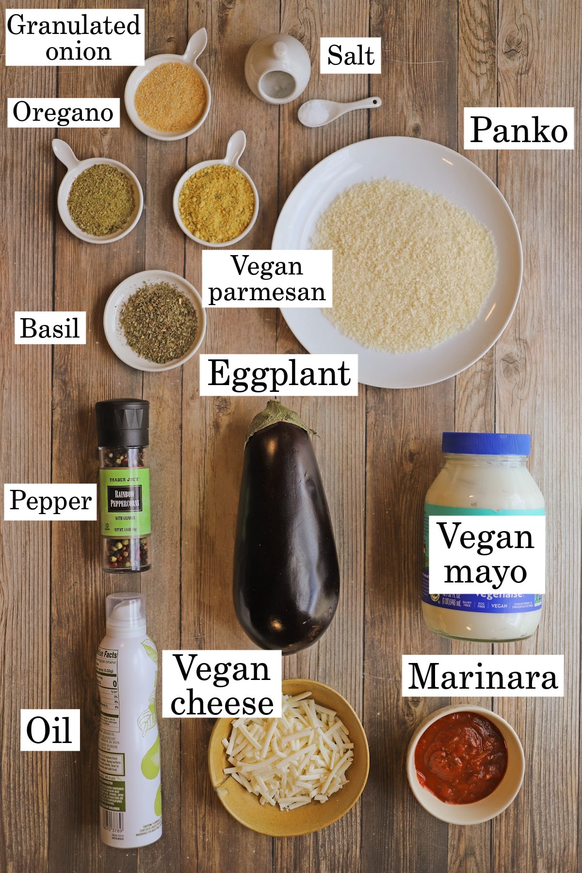 Labeled ingredients for vegan eggplant parmesan.