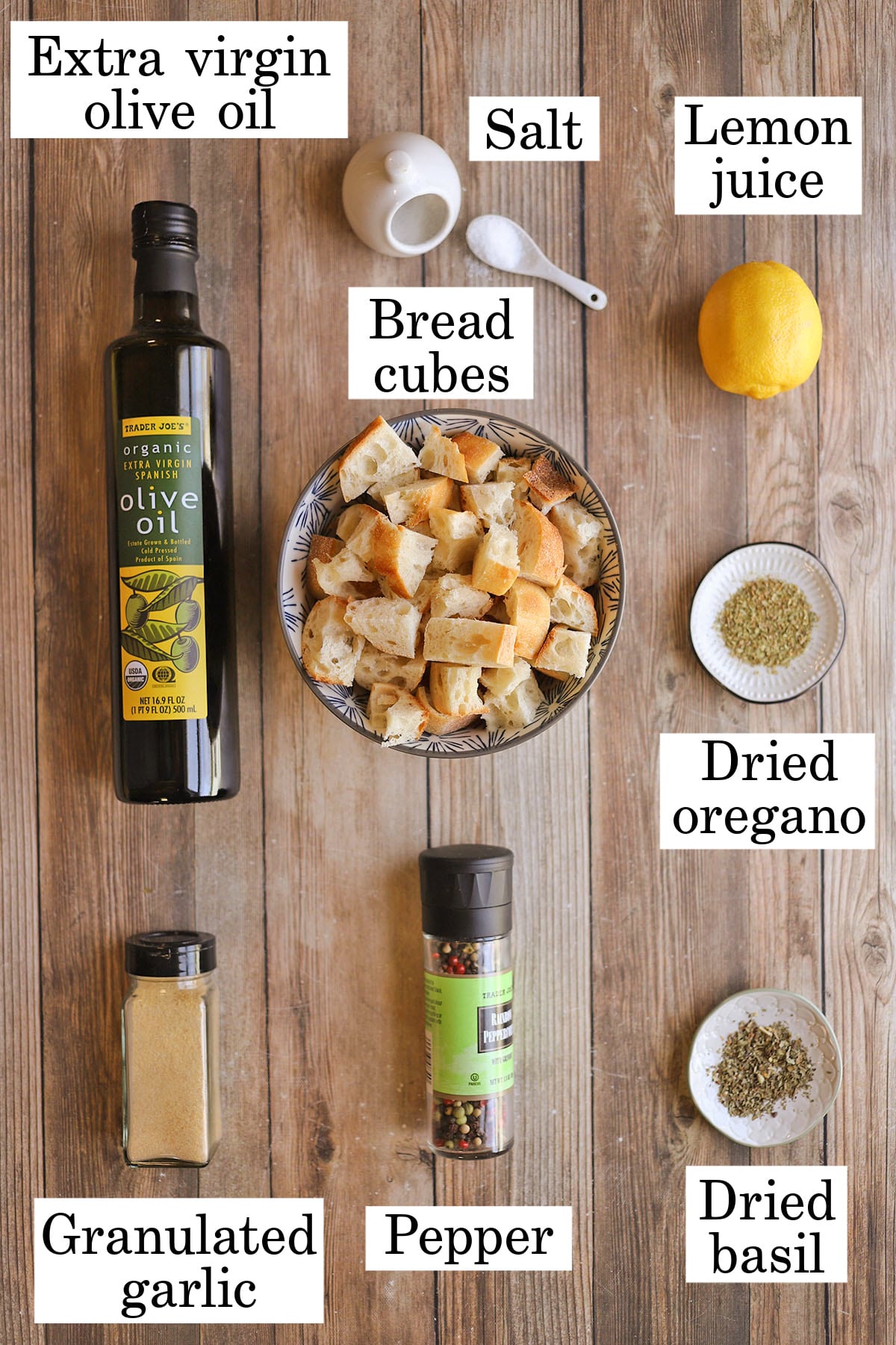 Labeled ingredients for air fryer croutons.