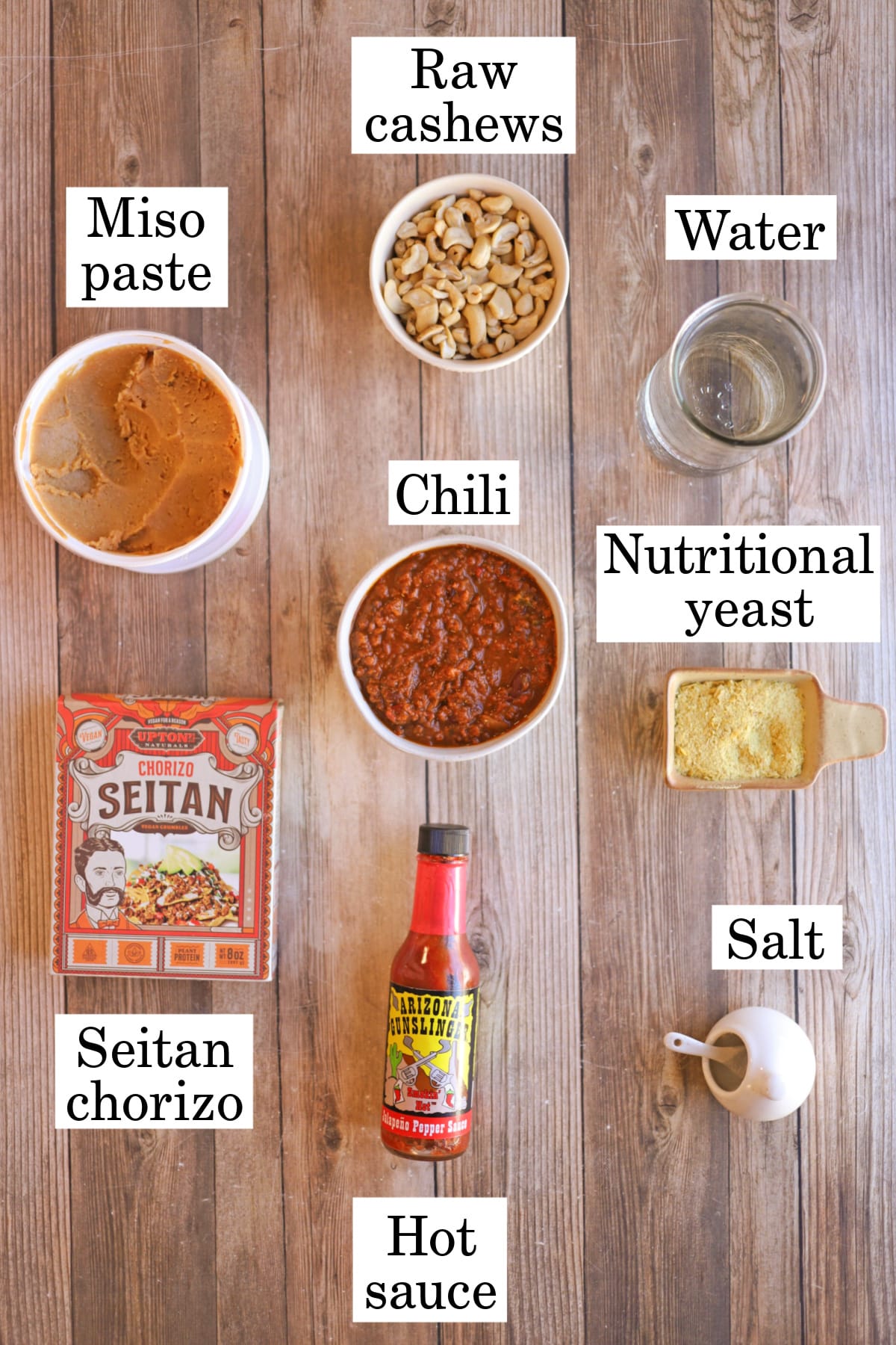 Labeled ingredients for vegan chili cheese dip.