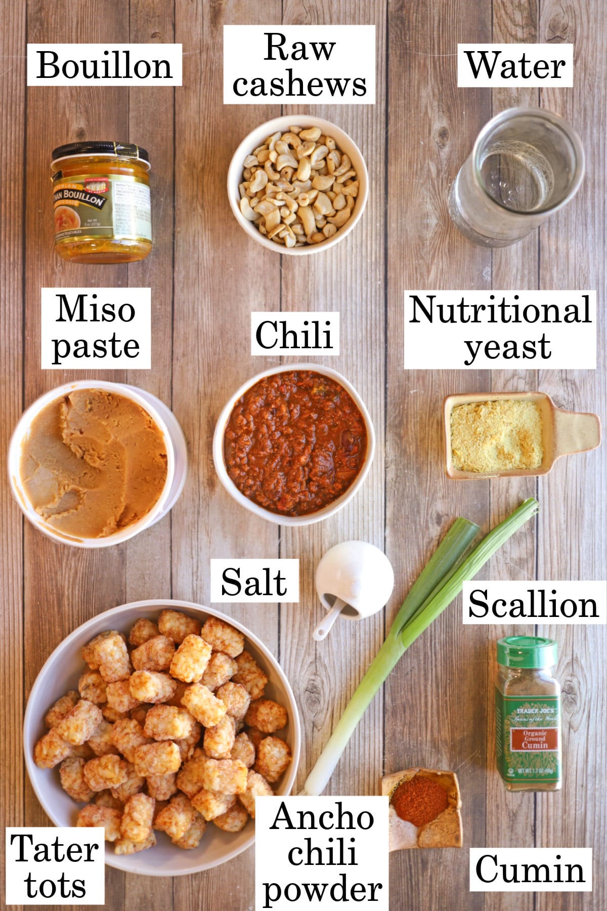 Labeled ingredients for vegan chili cheese tater tots.