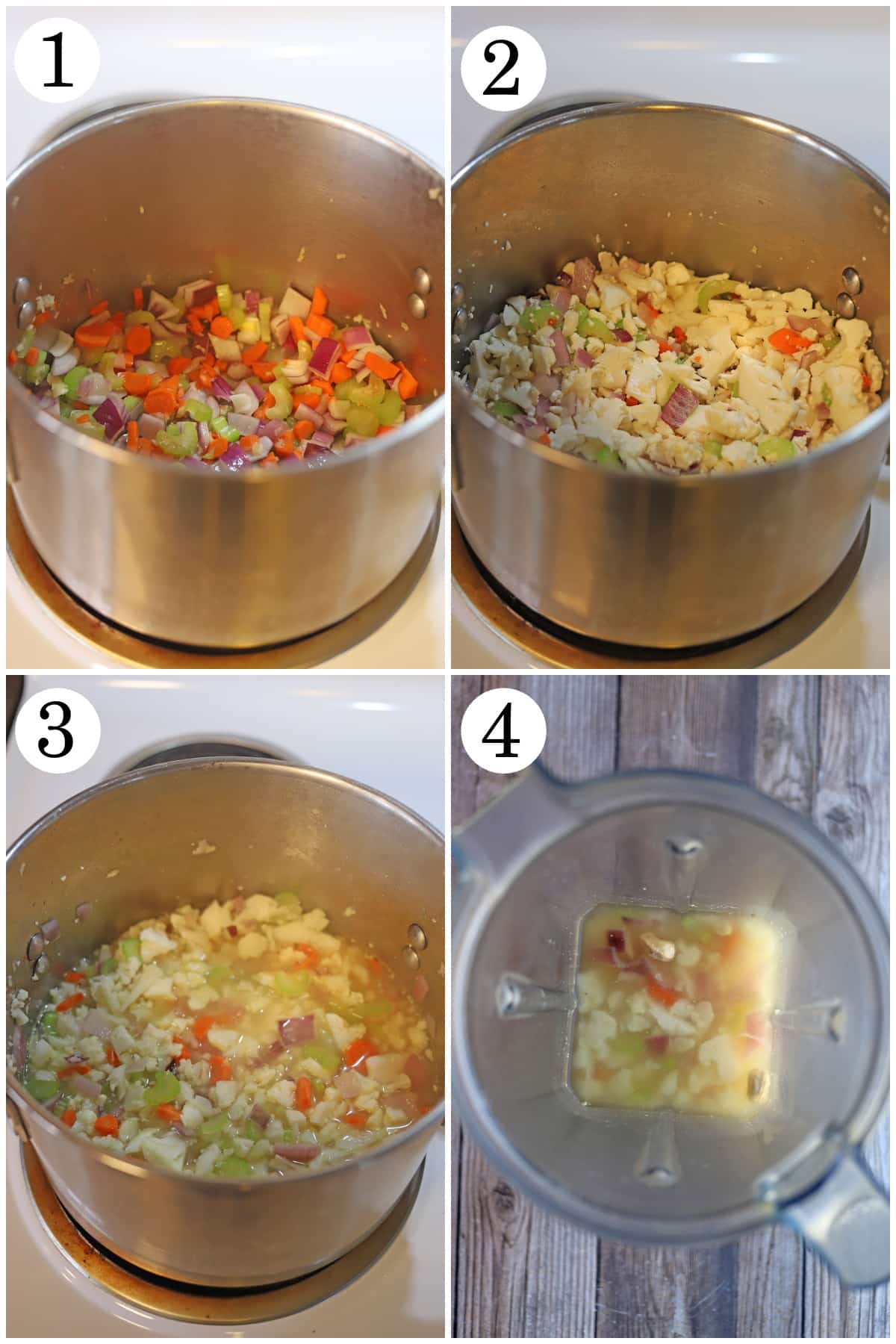 4-panel collage with soup being made in pot and blender pitcher with ingredients.