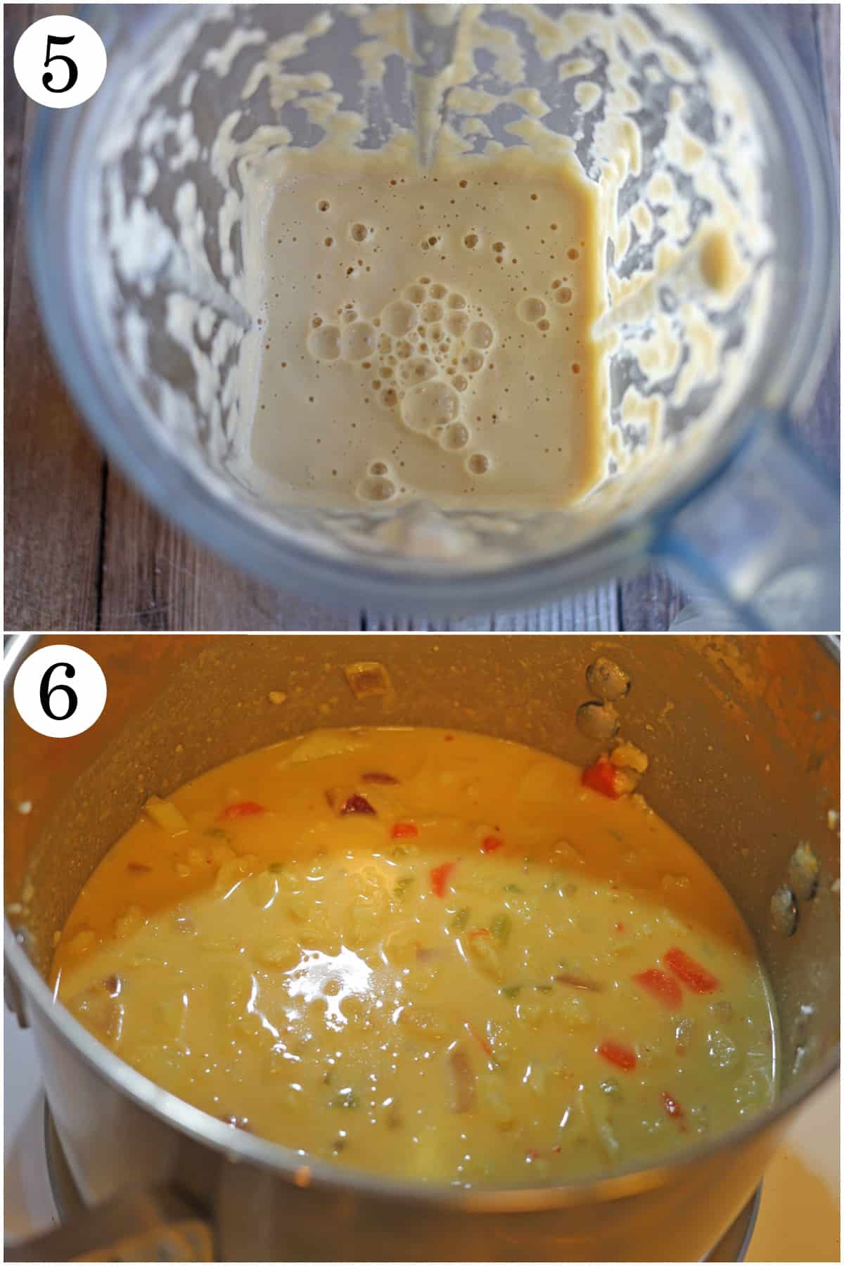 Two-panel collage with cashew cream in blender and creamy soup in pot.