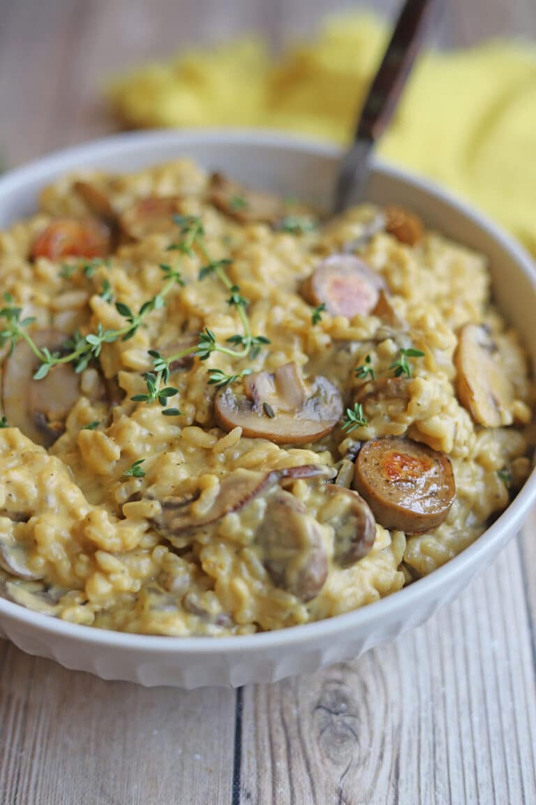 Creamy vegan risotto with mushrooms & sausage - Cadry's Kitchen