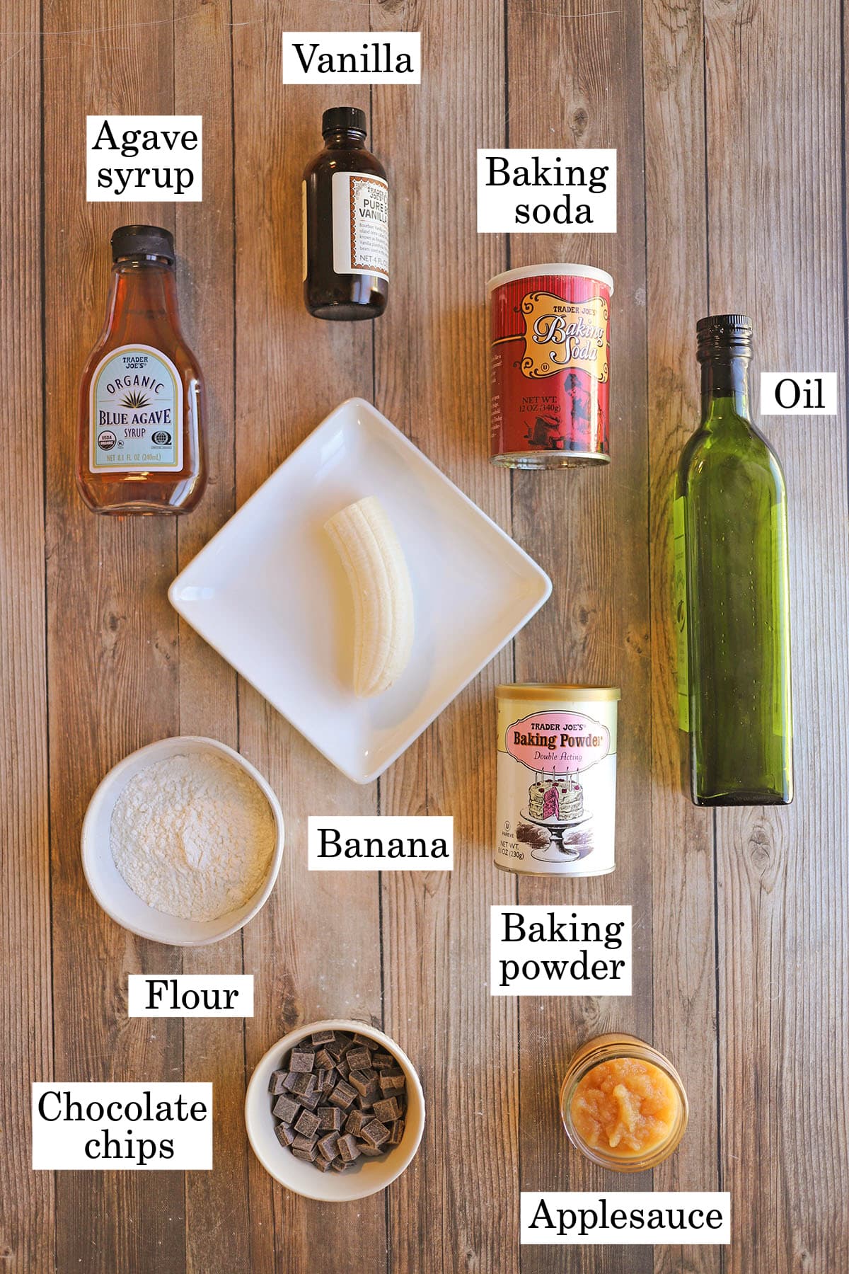 Labeled ingredients for vegan banana bread cookies.
