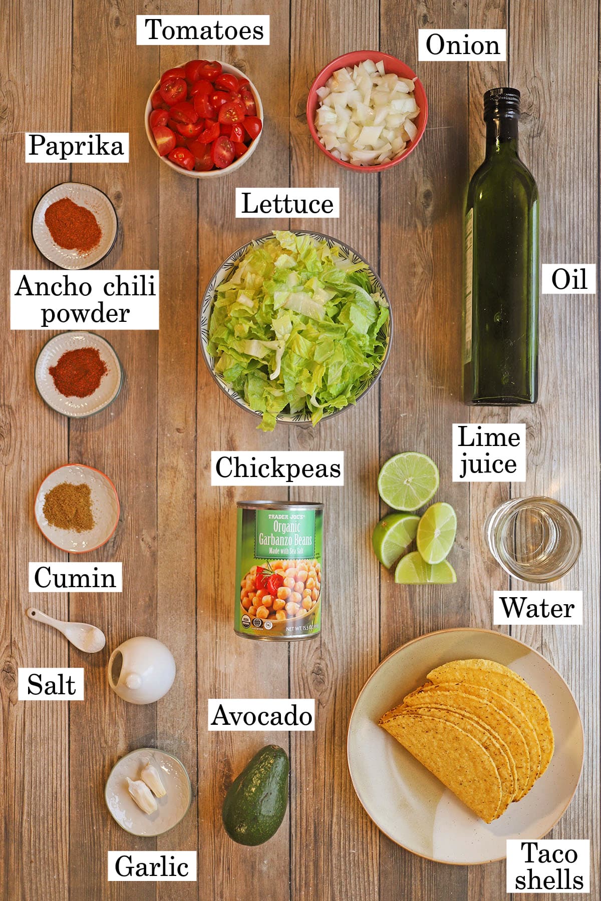 Labeled ingredients for chickpea tacos.