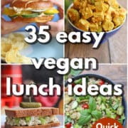 Text overlay: 35 easy vegan lunch ideas, quick and easy. 4-panel collage with hand holding bagel sandwich, curried tofu salad, vegan egg salad, and couscous salad.