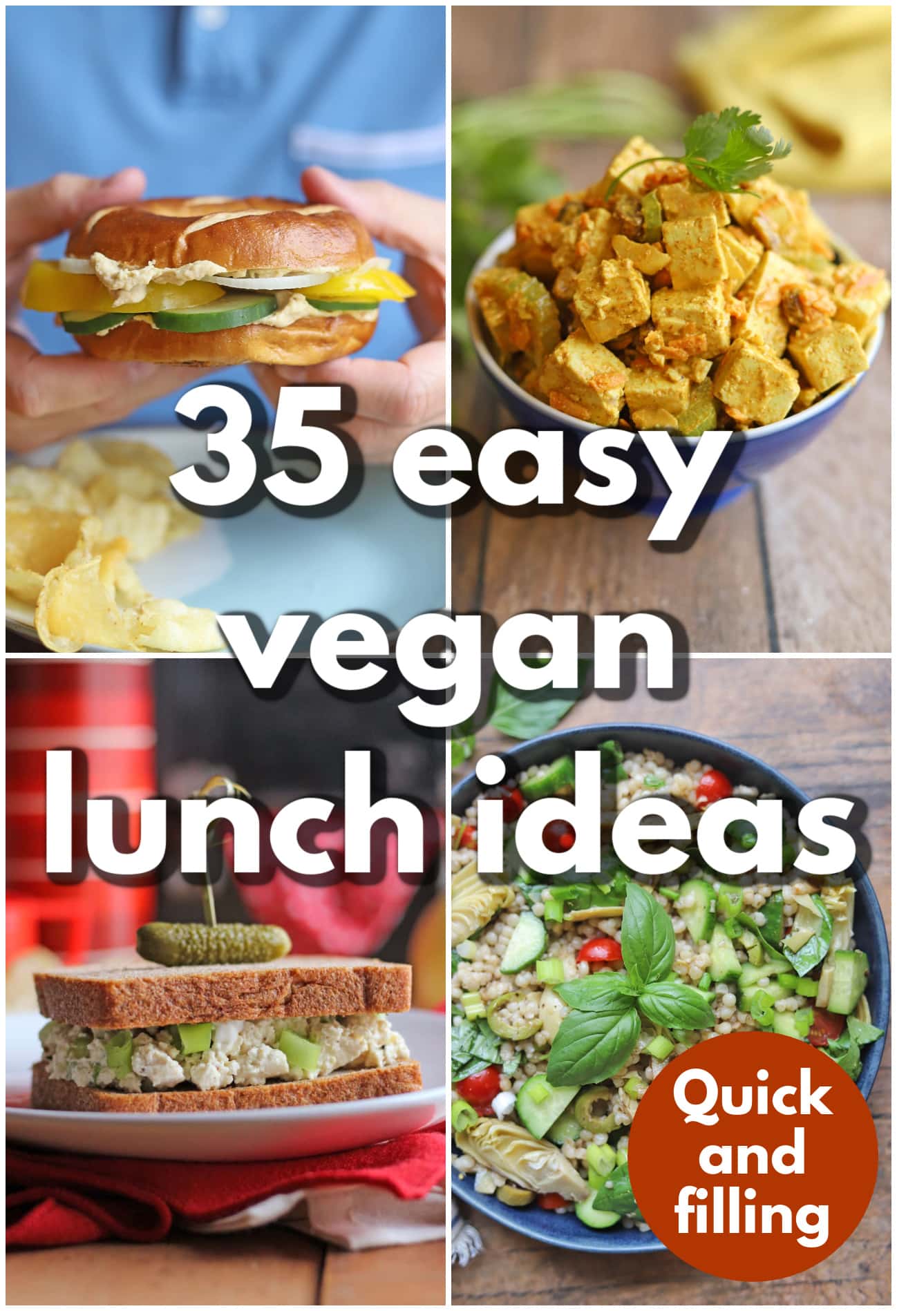 Text overlay: 35 easy vegan lunch ideas, quick and easy. 4-panel collage with hand holding bagel sandwich, curried tofu salad, vegan egg salad, and couscous salad.
