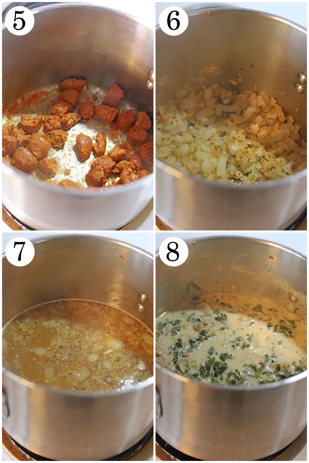 4-panel collage showing how to brown Beyond Meat Italian sausage, brown onions, add broth, and add cashew cream with kale.