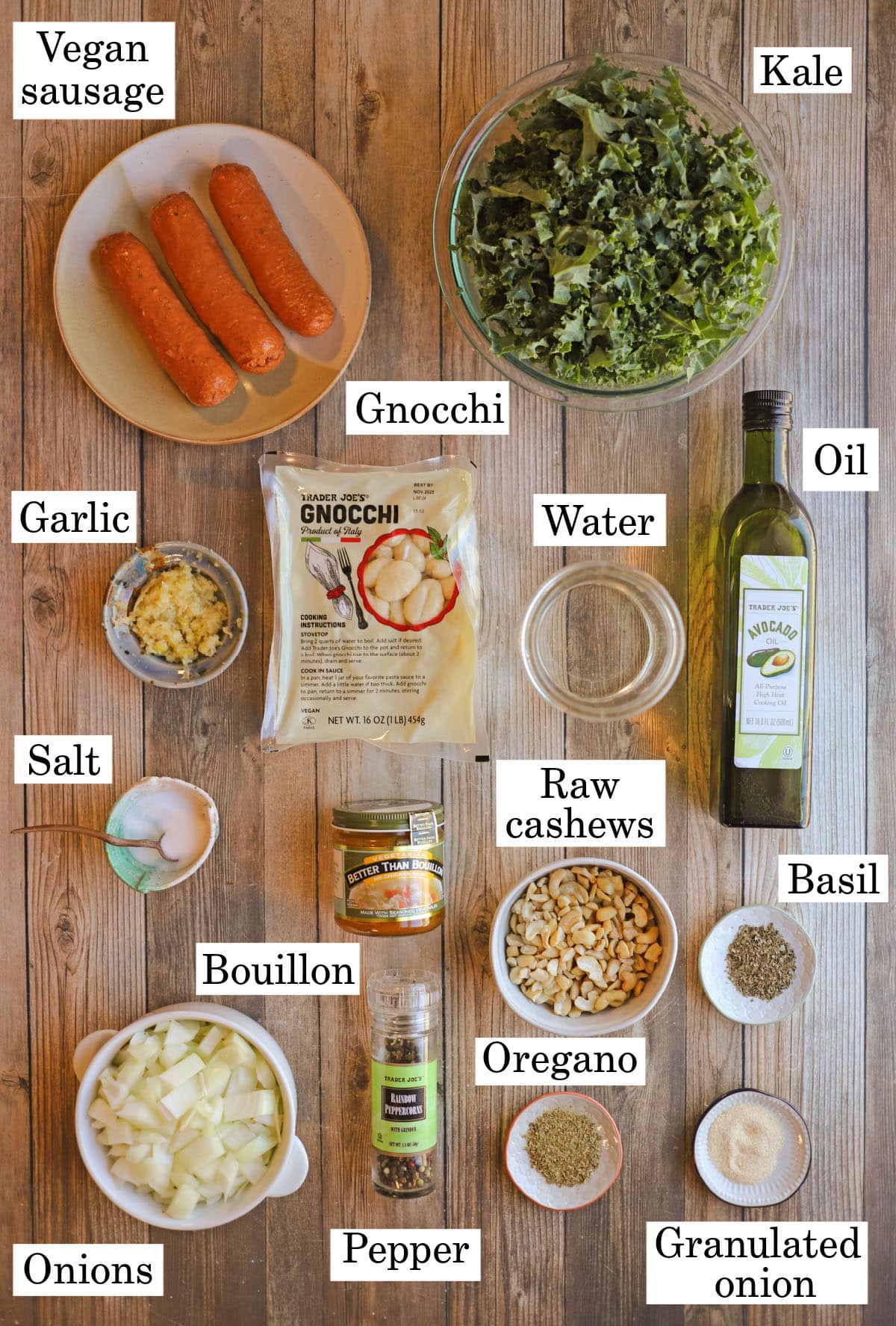 Labeled ingredients for vegan gnocchi soup.