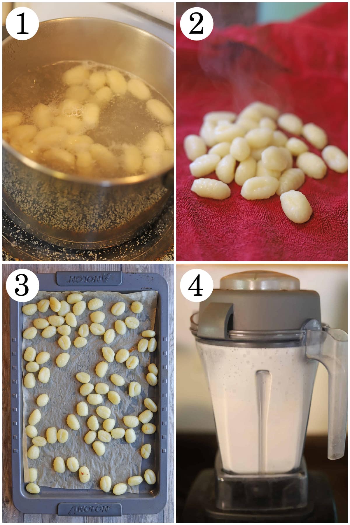 4-panel collage showing how to boil gnocchi, drain dry, roast, and make cashew cream in blender.