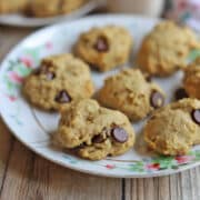Vegan banana bread cookies with chocolate chips on plate.
