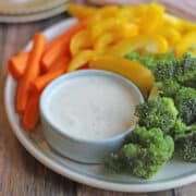 Onion and garlic vegetable dip on plate with carrots, bell pepper slices, and broccoli florets.
