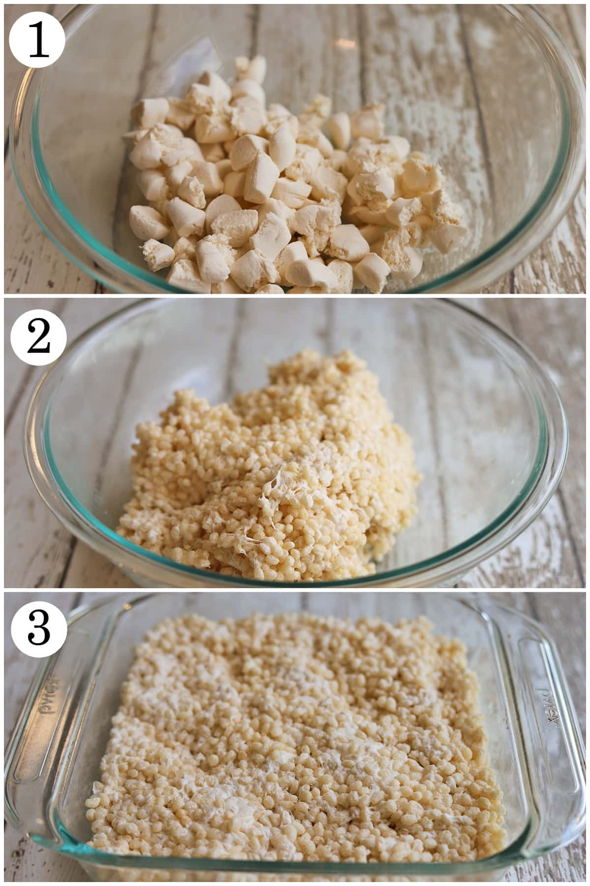 3-panel collage showing how to make vegan rice crispy treats - melt marshmallows, add cereal, form into baking dish to cool.
