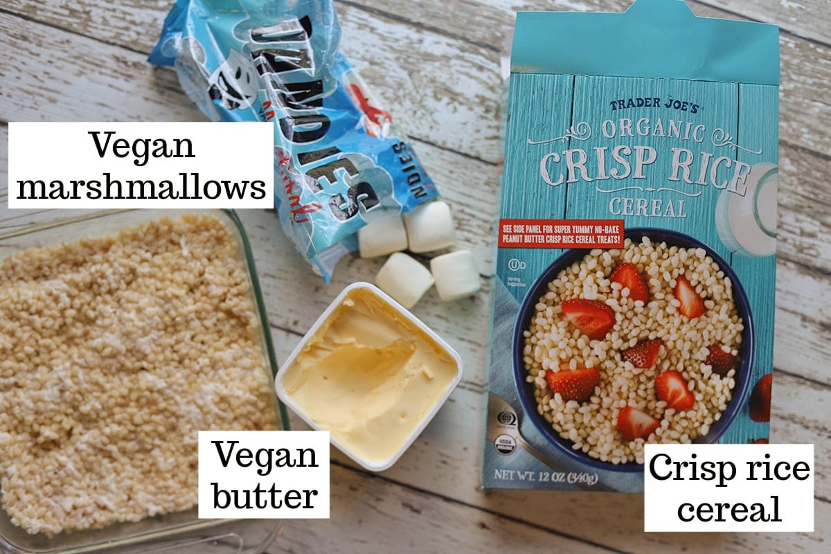 Labeled ingredients for vegan rice crispy treats - vegan marshmallows, vegan butter, and crisp rice cereal.