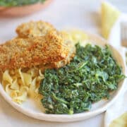 Dairy-free creamed kale with noodles and seitan.