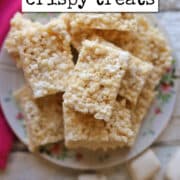 Text overlay: cadryskitchen.com, vegan rice crispy treats. Platter of vegan rice crispy treats by gelatin-free marshmallows.